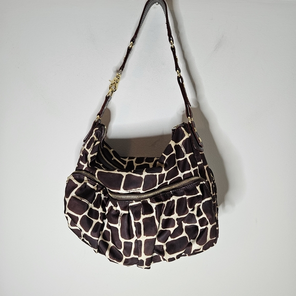 MZ Wallace Giraffe Nylon Leather Bag Satchel Elsa Tan Brown Red Pouch Pockets - Picture 3 of 8